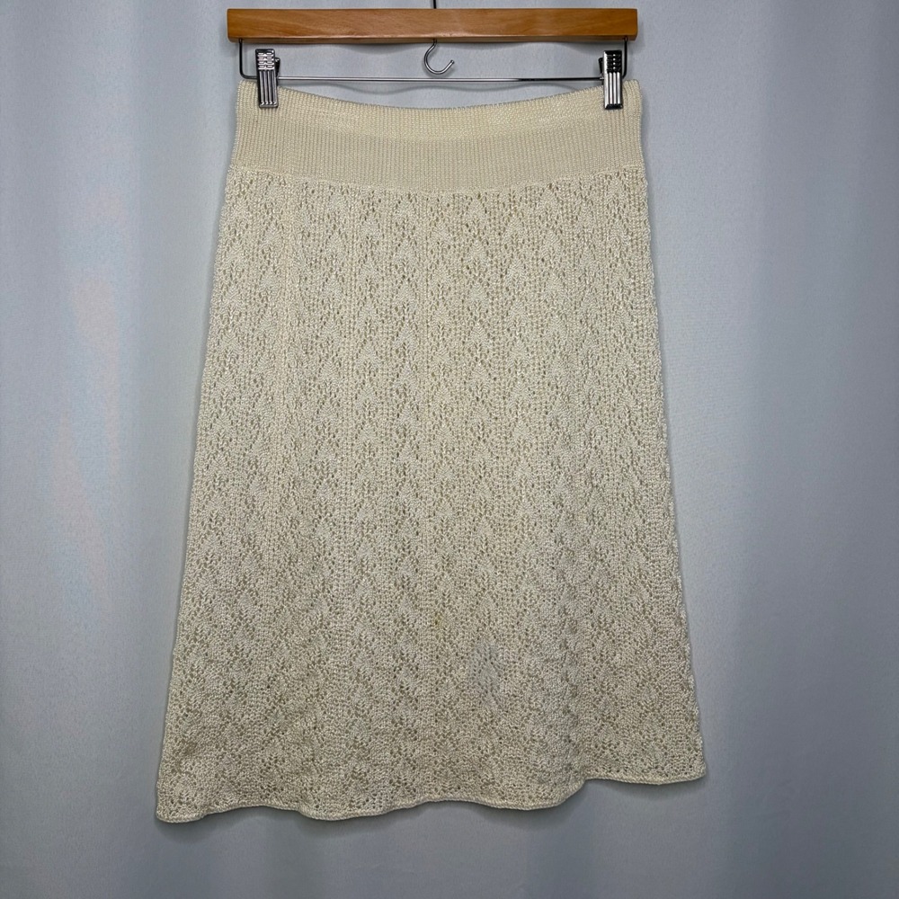 Boho Cream Crochet Knit Midi Skirt Elastic Waist Pointelle A-Line Ivory Cottage‎